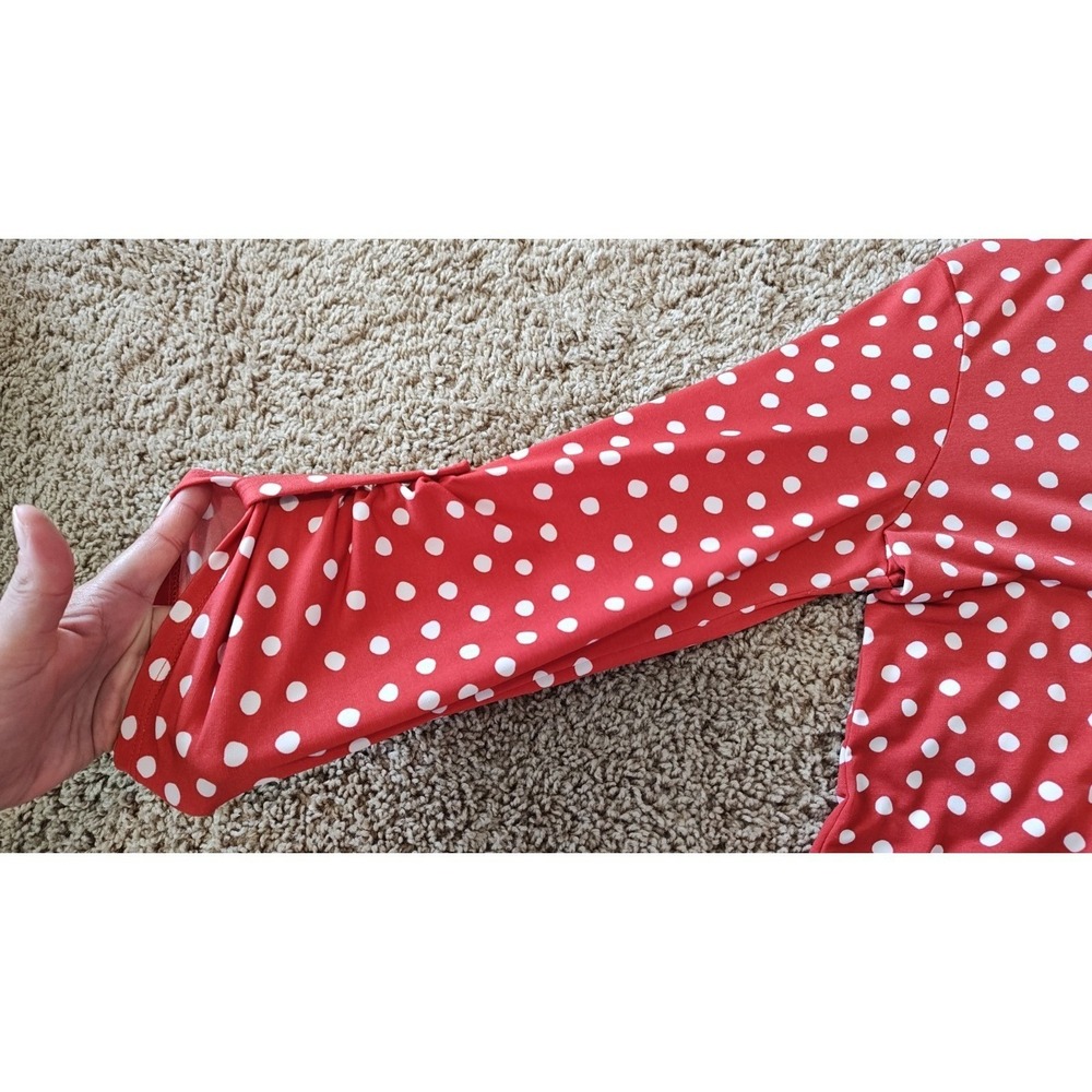 Cato Women Blouse Small Red White Polka Dot Split-Neck Tunic Top Y2K Tab Sleeves - Picture 9 of 12